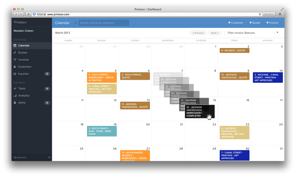 Our brand new calendar makes it easy to change Invoice Statuses and due dates.
